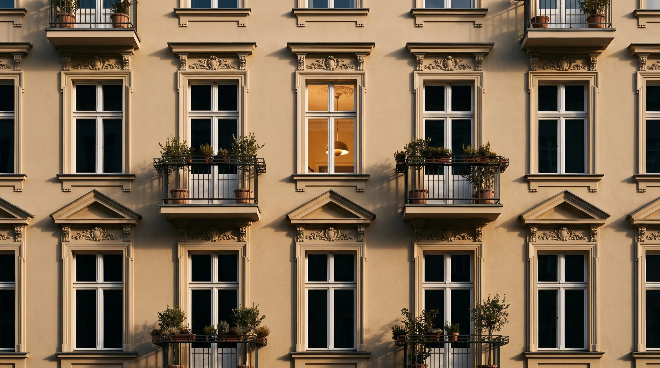 Gründerzeitfassade in Berlin, ein Fenster ist abends warm beleuchtet (KI-generiertes Bild)